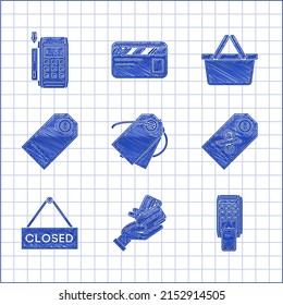 Set Blank label template price tag, POS terminal printed reciept confirms the payment by smartphone, Discount percent, Hanging sign text Closed, Shopping basket and Pos inserted icon. Vector