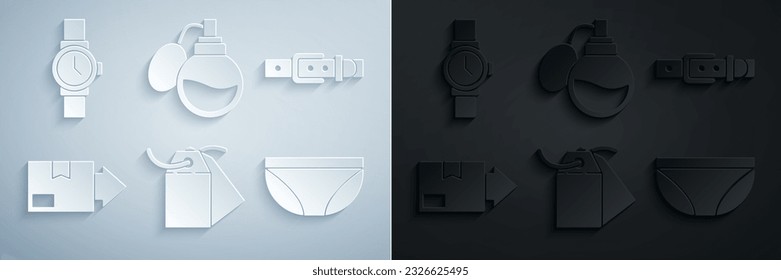 Set Blank label template price tag, Leather belt, Carton cardboard box, Underwear, Perfume and Wrist watch icon. Vector