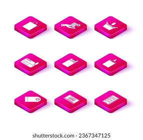 Fijar la etiqueta en blanco, etiqueta de precio, tarjeta de crédito, bolso de compra de papel y comida, teléfono móvil en línea, cesta y mano humana con recibo en blanco o icono de factura de pago. Vector