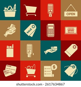 Set Blank label template price tag, POS terminal with printed reciept and confirms the payment by smartphone, Price inscription Sale, Human hand holding credit card, basket food and Pos icon. Vector