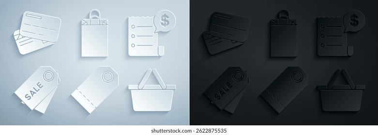 Set Blank label template price tag, Paper check and financial check, Price with inscription Sale, Shopping basket, shopping bag and Credit card icon. Vector