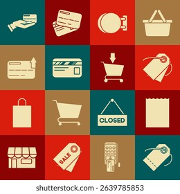 Set Blank label template price tag, Paper shopping bag, Signboard hanging, Credit card, Human hand holding with credit and Add to Shopping cart icon. Vector