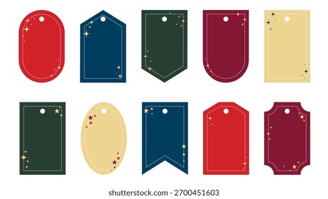 Conjunto de Plantillas de etiquetas en blanco en varias Formas. Etiquetas en colores de Navidades con destellos de oro, brillo y estrellas. Etiquetas festivas para ventas, Precios, ofertas, Elementos de Vector