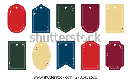Set of blank label templates in various shapes. Tags in Christmas colors with gold sparkles, glitter, and stars. Festive labels for sales, prices, offers, vector elements