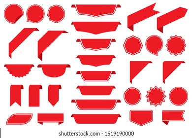 Set of blank labels in red isolated on white background. Ribbon set. Sticker set. Vector illustration