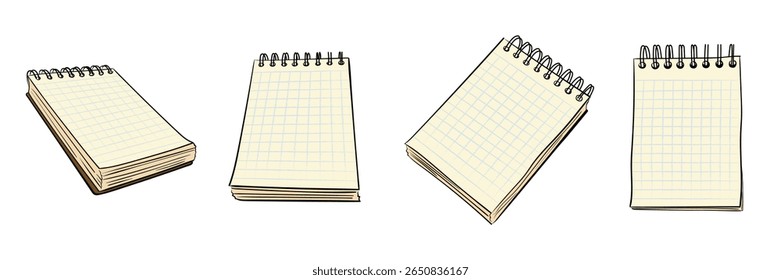 Set of blank lined notebook page. Vector sketch of notebook with spring in line art. Hand drawn illustration. For notes, memorization, checklists, scrapbook, office or school theme.