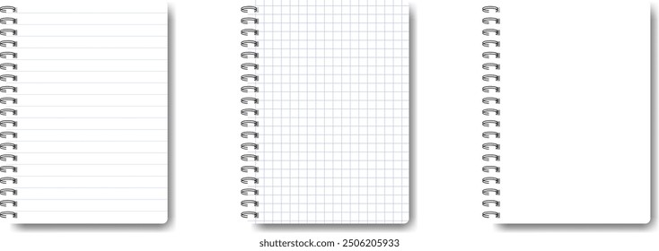 Set of blank lined, squared and empty notebooks. Blank notebook for homework and exercises. Vector pads paper with shadow on transparent background