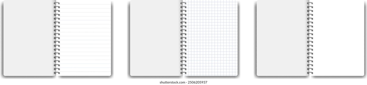 Set of blank lined, squared and empty notebooks. Blank notebook for homework and exercises. Vector pads paper with shadow on transparent background