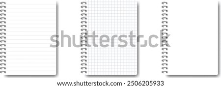 Set of blank lined, squared and empty notebooks. Blank notebook for homework and exercises. Vector pads paper with shadow on transparent background