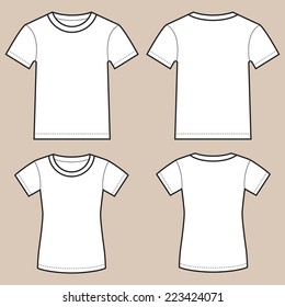 Set of blank male and female shirts- front and back, isolated on light colored background.