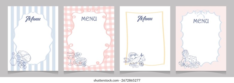 Conjunto de Plantillas de menú mediterráneo en blanco con bocetos de comida dibujados a mano, vino, mariscos, verduras y queso. Diseño perfecto para restaurante, cafetería, catering, marca culinaria. Ilustración vectorial