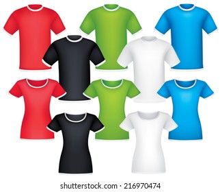 Set of blank men's and women's T shirt design templates. Vector. White, black, blue, red and green.