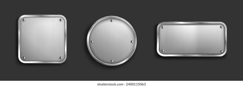 Conjunto de etiquetas metálicas en blanco aisladas sobre fondo negro. Ilustración vectorial realista de acero, plata, planchas de hierro de formas redondas, cuadradas, rectangulares, marco de botón brillante, placa de nombre de textura cepillado