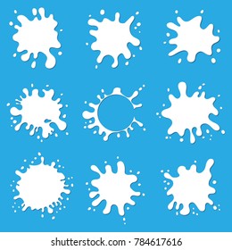 set of blank milk splash badge or label, yogurt, cream blots with splashes drops