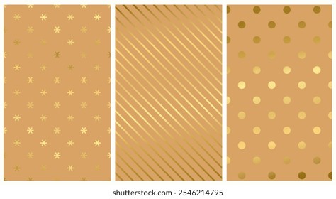 Set blank minimalist kraft background. Gift craft wrapping paper in golden circle, dot, snowflake, st for wallpaper, postcard, poster, collage for New Year, Christmas. Vector illustration EPS10