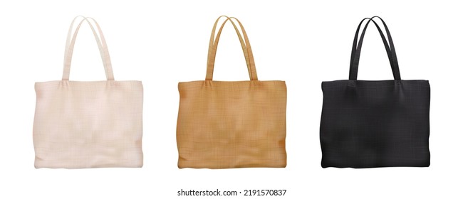 Set of blank mockups of cotton tote bag with cloth texture isolated from background. Eco friendly shopper. Zero waste. Vector advertising template. Fabric shopping sack. Totebag with handles