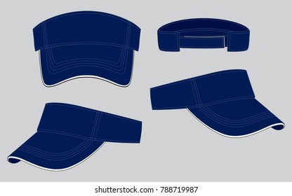 Set Blank Navy Sun Visor Cap With White Sandwich And Adjustable Hook And Loop Strap Vector.