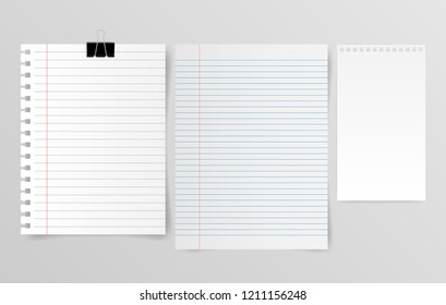 Set of blank note paper with space for text on gray background. Vector illustration