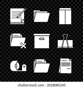 Set Blank notebook and pen, Document folder, Envelope, Scotch, File document, Delete and Carton cardboard box icon. Vector