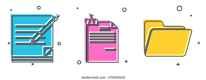 Set Blank notebook and pen, File document and binder clip and Document folder icon. Vector