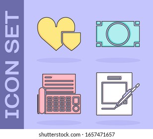 Set Blank notebook and pen, Heart with shield, Fax machine and Stacks paper money cash icon. Vector