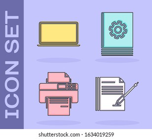 Set Blank notebook and pen, Laptop, Printer and User manual icon. Vector