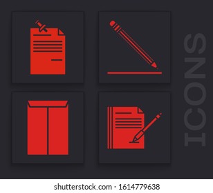 Set Blank notebook and pen, Note paper with pinned pushbutton, Pencil with eraser and line and Envelope icon. Vector
