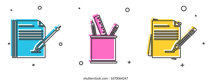Set Blank notebook and pen, Pencil case stationery and Blank notebook and pencil with eraser icon. Vector