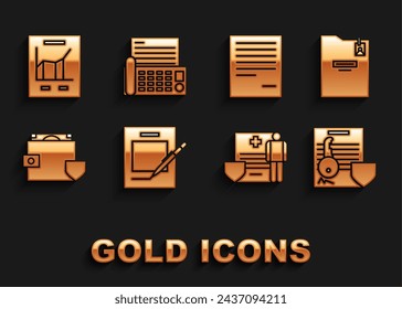 Set Blank notebook and pen, Personal folder, Document with key with shield, Medical clipboard clinical record, Wallet money, graph chart and Fax machine icon. Vector