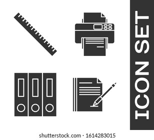 Set Blank notebook and pen, Ruler, Office folders with papers and documents and Printer icon. Vector