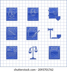 Set Blank notebook and pen, Scales of justice, Empty form, Judge gavel with shield, Personal document, Delete file, Safe and Document graph chart icon. Vector