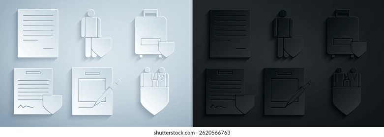 Set Blank notebook and pen, Traveling baggage insurance, Contract with shield, Family, Life and Document icon. Vector