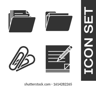 Set Blank notebook and pencil with eraser, Document folder, Paper clip and Document folder icon. Vector