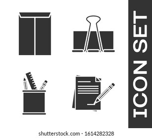 Set Blank notebook and pencil with eraser, Envelope, Pencil case stationery and Binder clip icon. Vector