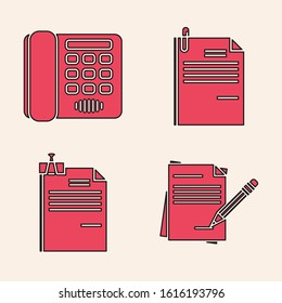 Set Blank notebook and pencil with eraser, Telephone, File document and paper clip and File document and binder clip icon. Vector