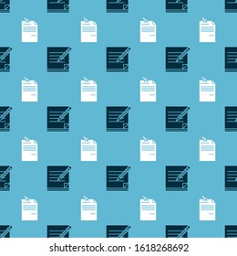 Set Blank notebook and pencil with eraser and Note paper with pinned pushbutton on seamless pattern. Vector