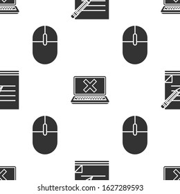 Set Blank notebook and pencil with eraser, Laptop and cross mark on screen and Computer mouse on seamless pattern. Vector