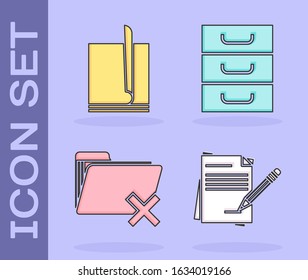 Set Blank notebook and pencil with eraser, File document, Delete folder and Drawer with documents icon. Vector
