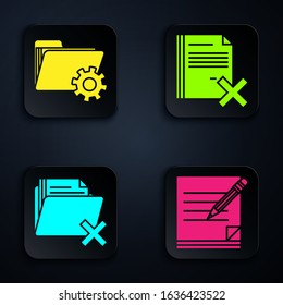Set Blank notebook and pencil with eraser, Folder settings with gears, Delete folder and Delete file document. Black square button. Vector
