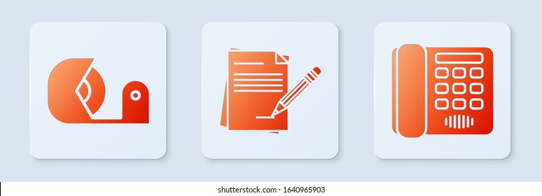 Set Blank notebook and pencil with eraser, Scotch and Telephone. White square button. Vector