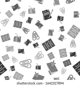 Set Blank notebook and pencil with eraser, Delete folder, Drawer with documents and Paper clip on seamless pattern. Vector