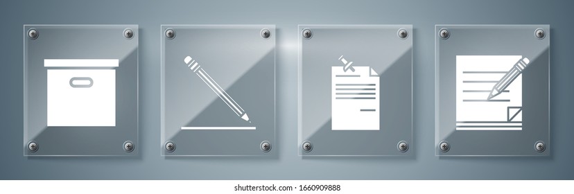 Legen Sie Leere Notizbuch und Bleistift mit Radiergummi, Notiz Papier mit Druckknopf, Stift mit Radiergummi und Linie und Karton Karton-Karton-Karton. Viereckige Glasplatten. Vektorillustration