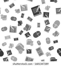 Establezca el bloc de notas en blanco y el lápiz con borrador, portátil y marca transversal en pantalla, configuración del ratón del equipo y de la carpeta con engranajes en un patrón transparente. Vector
