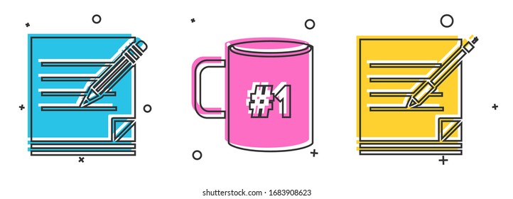 Set Blank notebook and pencil with eraser, Coffee cup flat and Blank notebook and pen icon. Vector