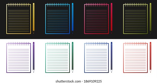 Set Blank notebook and pencil with eraser icon isolated on black and white background. Vector.