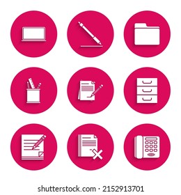 Set Blank notebook and pencil with eraser, Delete file document, Telephone, Drawer documents, Pencil case stationery, Document folder and Laptop icon. Vector