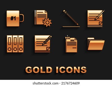 Set Blank notebook and pencil with eraser, Document folder, File document binder clip, Office folders papers documents, Pencil line, Coffee cup and settings gears icon. Vector