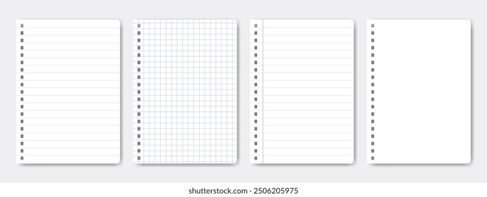 Set of blank notebook sheets in line, square and empty.  Blank notebook papers for homework and exercises. Vector pads paper from a workbook with shadow