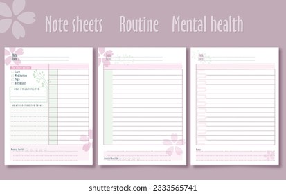 Set blank notepad page, personal organizer, cute diary template for print