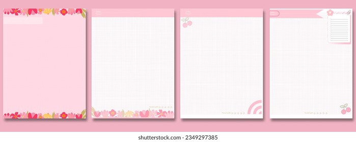 Set blank notepad page, personal organizer, cute diary template for print with flower